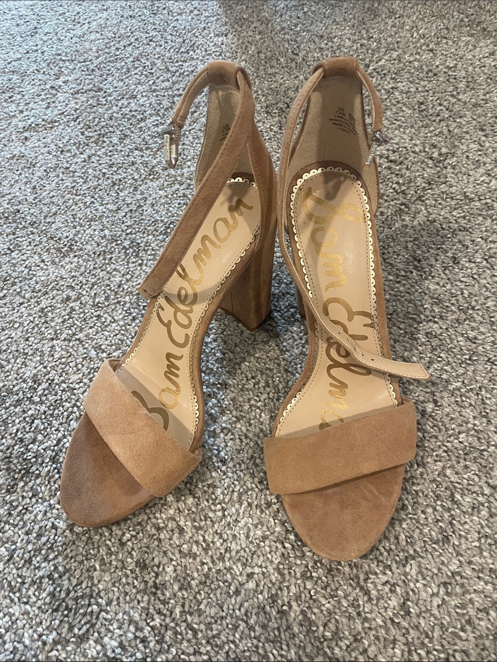 Sam Edelman Suede Ankle-Strap Block Heels in Tan